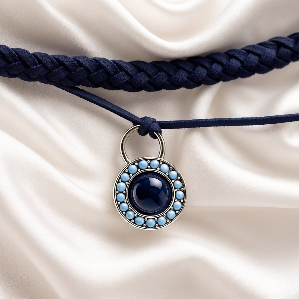 Navy Double-Strand Choker – Blue Cabochon Halo Pendant Braided Statement Jewelry
